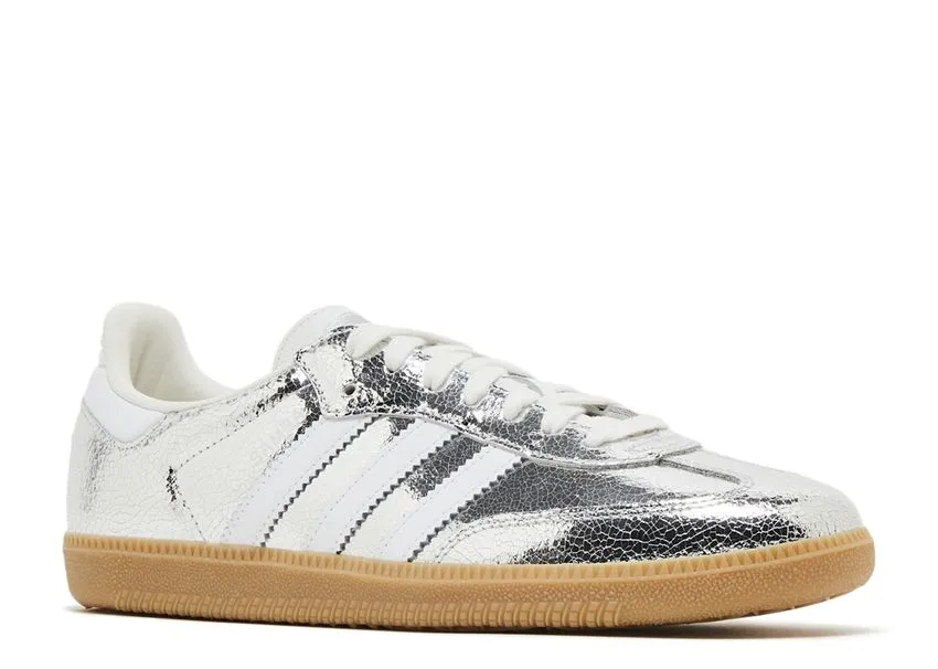 Adidas Samba OG Silver Metallic Cracked Leather Smooth Design Weekend Casual
